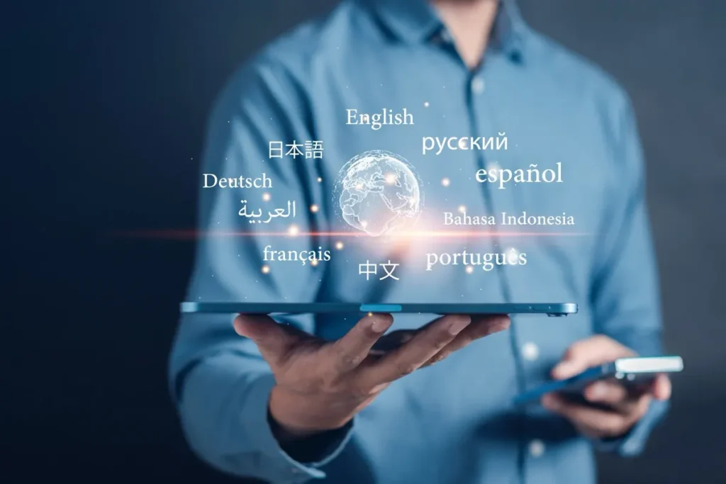 A person holding a tablet, with a globe and the names of different languages above it